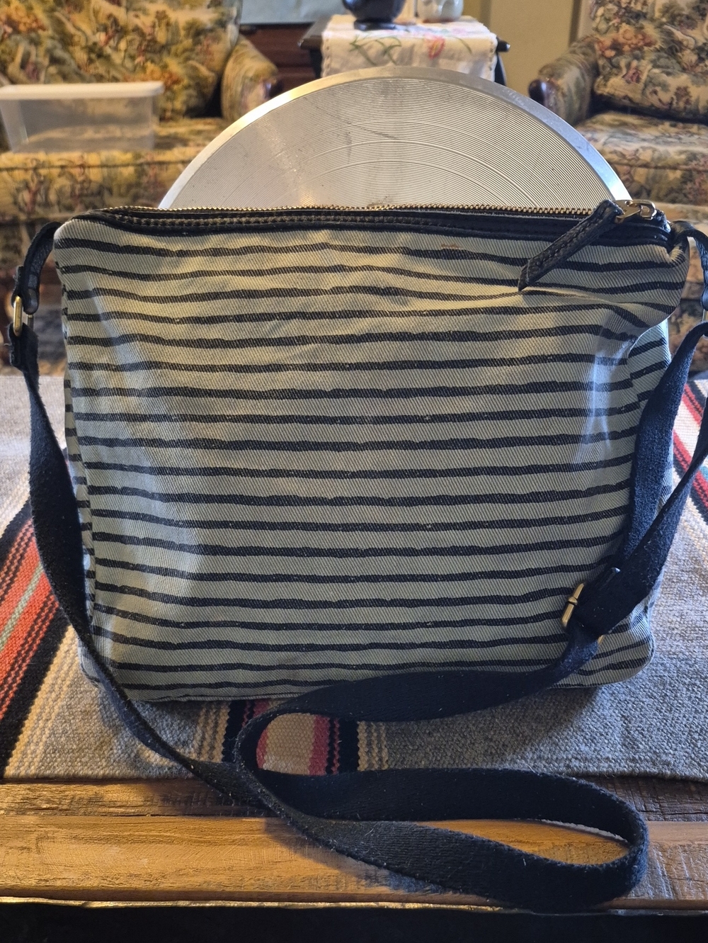 Fossil Green With Gray Stripes Leather Pulls. Sz.12"×10" Crossbody Bag